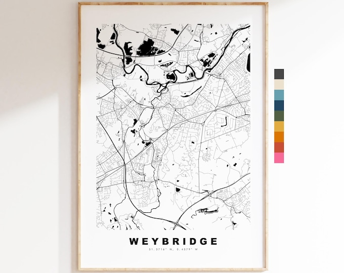 Weybridge Map Print - Minimalist City Map Poster - Map Art - UK - Weybridge Print - Weybridge, Surrey - Different Colours Available