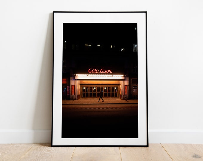 Retro Cinema Photography Print - Stockholm Photography - Street Photography Print - Nightscape - City Photography - Cinema - Neon - Person