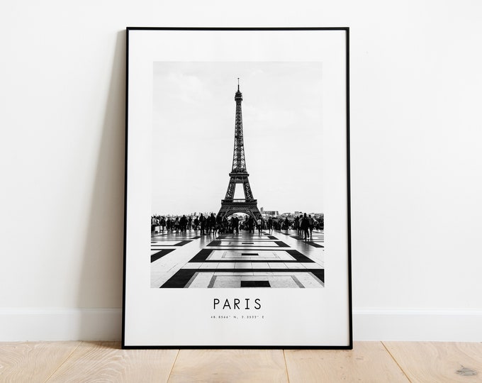 Paris City Poster Print - Black and White Minimalist City Print - Coordinates - Paris Poster - Paris Art Print - Eiffel Tower - Paris Gift