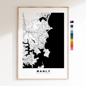 Manly Stadtplan-Druck – minimalistischer Stadtplan – Karten-Wandkunst – Drucke oder gerahmte Drucke