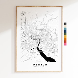 Impresión de mapa de Ipswich - Póster de mapa de ciudad minimalista - Arte de pared con mapas - Reino Unido - Impresión de Ipswich - Póster de Ipswich - Diferentes colores disponibles