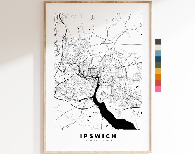 Ipswich Map Print - Minimalist City Map Poster - Map Wall Art - UK - Ipswich Print - Ipswich Poster - Different Colours Available