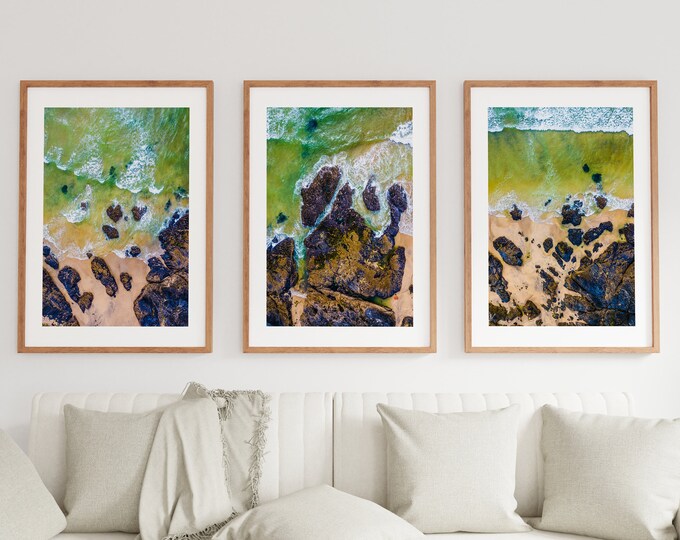 Rugged Coastal Landscape Print Set - Modern Minimalist Coastal Print Set - Coastal Wall Art - Yellow - Green - Blue - Bathroom - Living Room