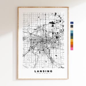 Lansing Carte de la ville Imprimer - impression de carte - art de la carte - estampes ou impressions encadrées - minimaliste - États-Unis