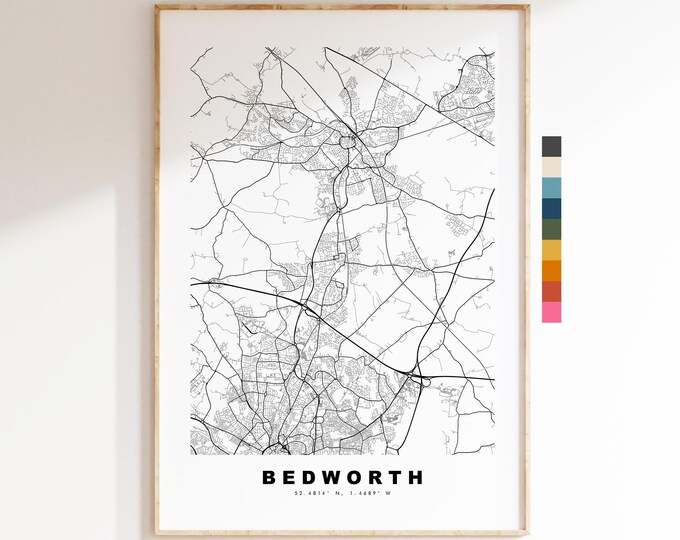 Bedworth Map Print - Minimalist City Map Poster - Map Art - UK - Bedworth Print - Bedworth, Warwickshire - Different Colours Available