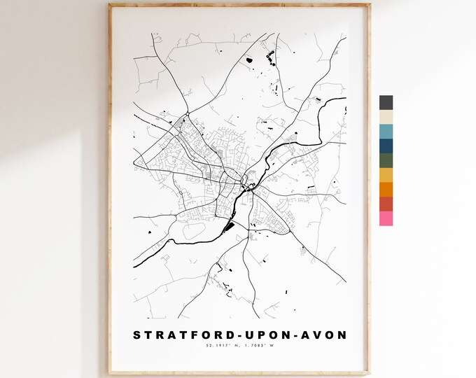 Stratford Upon Avon Map Print - Minimalist City Map Poster - Map Art - UK - Stratford Upon Avon Print - Poster - Different Colours Available