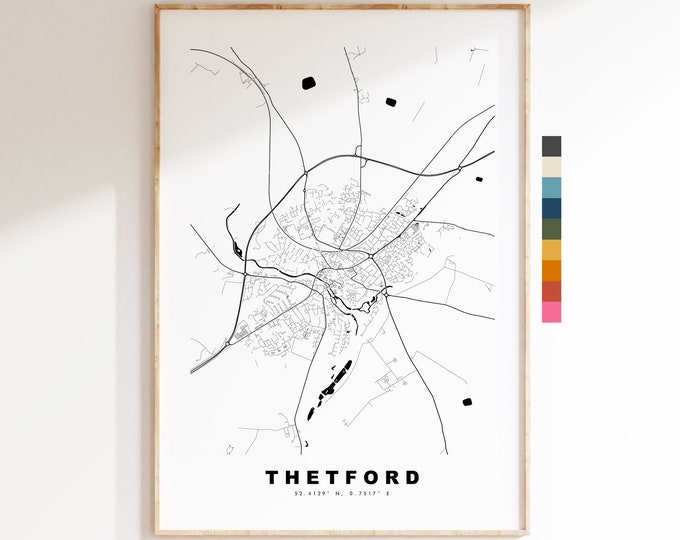 Thetford Map Print - Minimalist City Map Poster - Map Art - UK - Thetford Print - Thetford Poster - Different Colours Available
