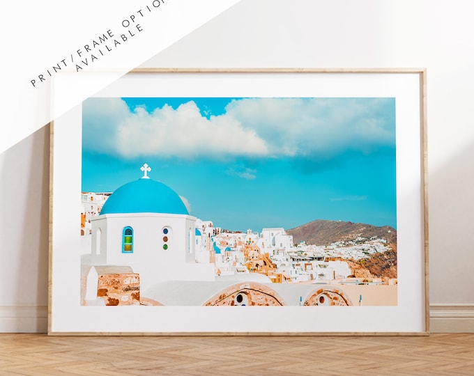Santorini Landscape Photography Print - Greece - Print - Poster - Santorini Photography - Greece Wall Art - Blue Dome - Blue Church - Gift