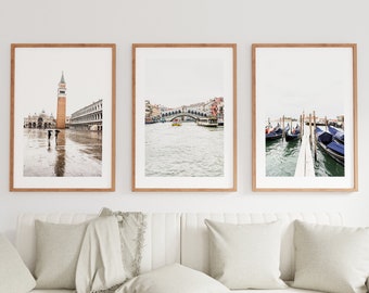 Venice Print Set of Three - Venice Landmarks - Muted - Neutral - White Wall Art - Fine Art Photography - Rialto Bridge - Campanile - Venice