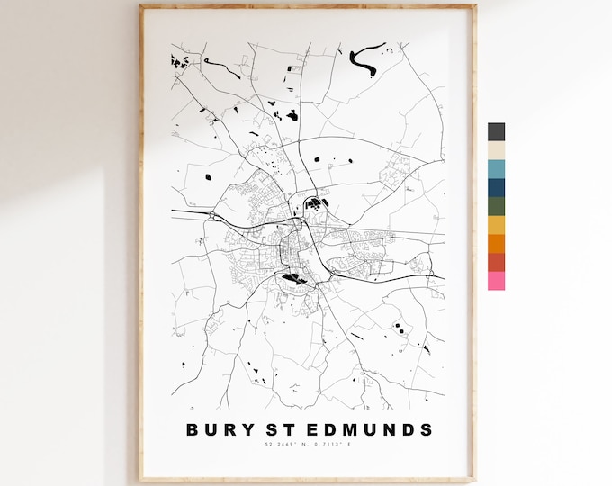 Bury St Edmunds Map Print - Minimalist City Map Poster - Map Wall Art - UK - Bury St Edmunds Print - Poster - Different Colours Available