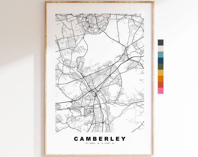 Camberley Map Print - Minimalist City Map Poster - Map Art - UK - Camberley Print - Camberley, Surrey - Different Colours Available