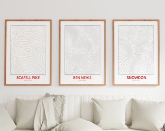 Three Peak Map Print Set - Set of Three Prints - Choose your colour - Snowdon - Scafell Pike - Ben Nevis - Topography - Gift - Print - Map