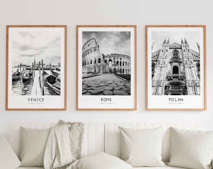 Italy Poster Print Set - Rome - Venice - Milan - Black and White Minimalist Prints - Hallway - Living Room - City Posters - Minimalist Art