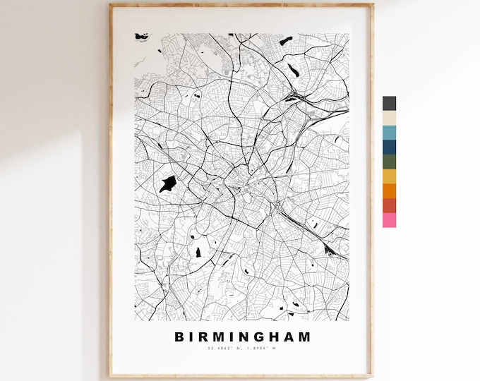 Birmingham Map Print - Minimalist City Map Poster - Map Art - UK - Birmingham Print - Birmingham Poster - Different Colours Available