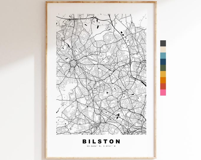 Bilston Map Print - Minimalist City Map Poster - Map Art - UK - Bilston Print - Bilston, West Midlands - Different Colours Available