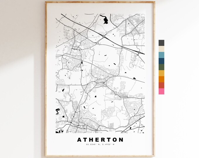 Atherton Map Print - Minimalist City Map Poster - Map Art - UK - Atherton Print - Atherton Poster - Different Colours Available