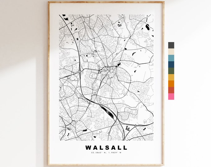 Walsall Map Print - Minimalist City Map Poster - Map Art - UK - Walsall Print - Walsall Poster - Different Colours Available