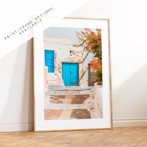 Greece Architecture Photography Print - Greece - Print - Poster - Santorini Photography - Greece Wall Art - Blue Door - Flowers - Greek Art