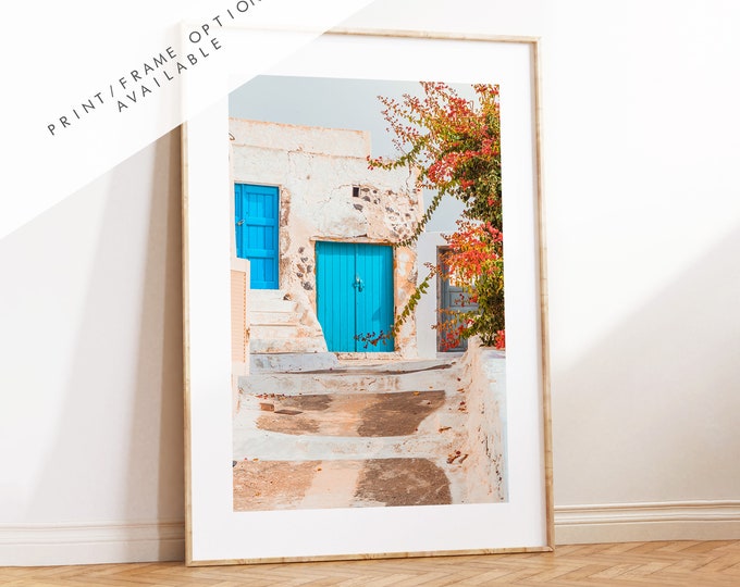 Greece Architecture Photography Print - Greece - Print - Poster - Santorini Photography - Greece Wall Art - Blue Door - Flowers - Greek Art
