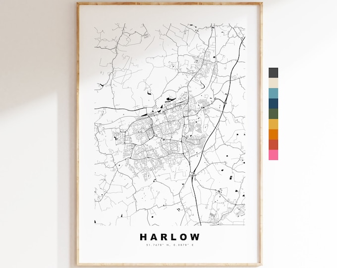 Harlow Map Print - Minimalist City Map Poster - Map Wall Art - UK - Harlow Print - Harlow Poster - Different Colours Available