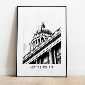 Impresión de póster de la ciudad de Nottingham - Impresión minimalista de la ciudad en blanco y negro - Coordenadas - Póster de Nottingham - Arte mural de Nottingham - Regalo - Reino Unido