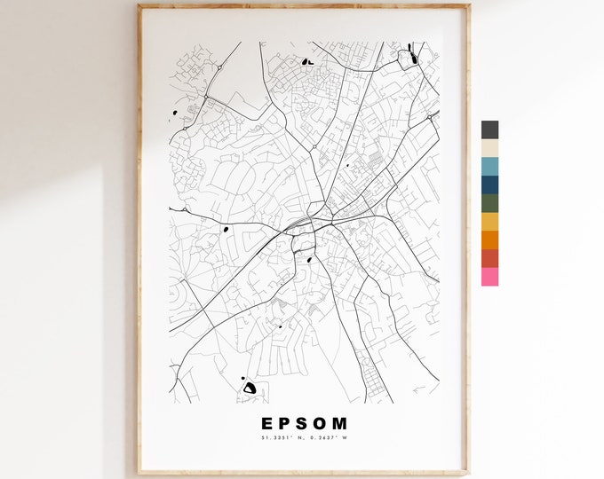 Epsom Map Print - Minimalist City Map Poster - Map Art - London, UK - Epsom Print - Epsom Poster - Different Colours Available