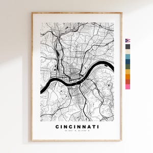 Cincinnati Carte de la ville Imprimer - impression de carte - art de la carte - estampes ou impressions encadrées - minimaliste - États-Unis