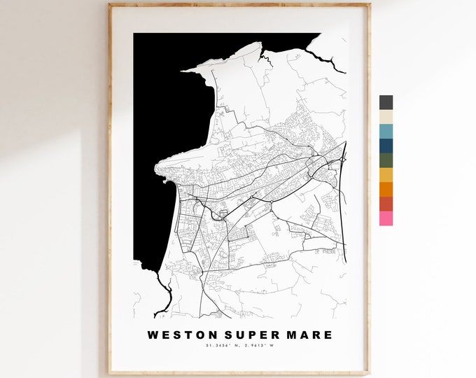 Weston Super Mare Map Print - Minimalist City Map Poster - Map Art - UK - Weston Print - Weston Poster - Different Colours Available