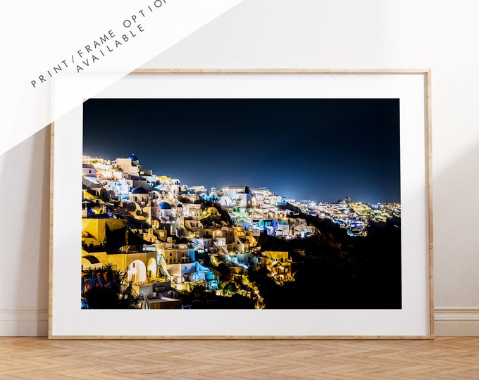 Santorini Night Photography Print - Greece - Print - Poster - Santorini Photography - Greece Wall Art - Nightscape - Thera - Fira - Night