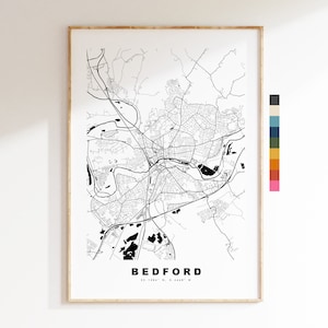 Impresión de mapa de Bedford - Póster de mapa de ciudad minimalista - Arte de pared con mapas - Reino Unido - Impresión de Bedford - Póster de Bedford - Diferentes colores disponibles