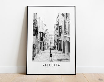 Impressão de pôster da cidade de Valletta - Impressão minimalista da cidade em preto e branco - Coordenadas - Pôster de Valletta - Impressão de arte de Valletta - Malta - Presente