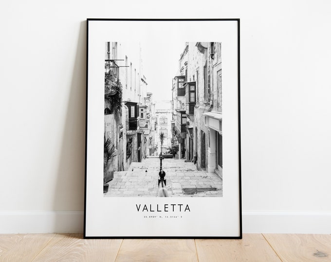 Valletta City Poster Print - Black and White Minimalist City Print - Coordinates - Valletta Poster - Valletta Art Print - Malta - Gift