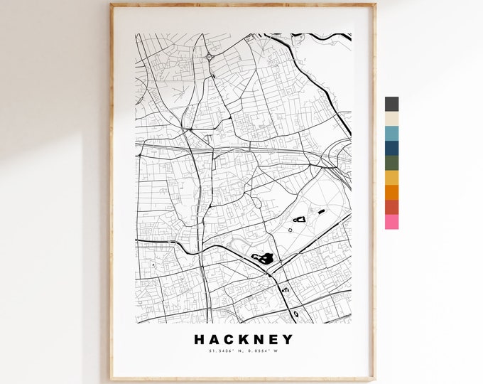 Hackney Map Print - Minimalist City Map Poster - Map Art - London, UK - Hackney Print - Hackney Poster - Different Colours Available