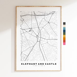 Impressão de mapa de elefante e castelo - pôster de mapa de cidade minimalista - arte de mapa - Londres, Reino Unido - elefante e castelo - pôster - cores diferentes disponíveis