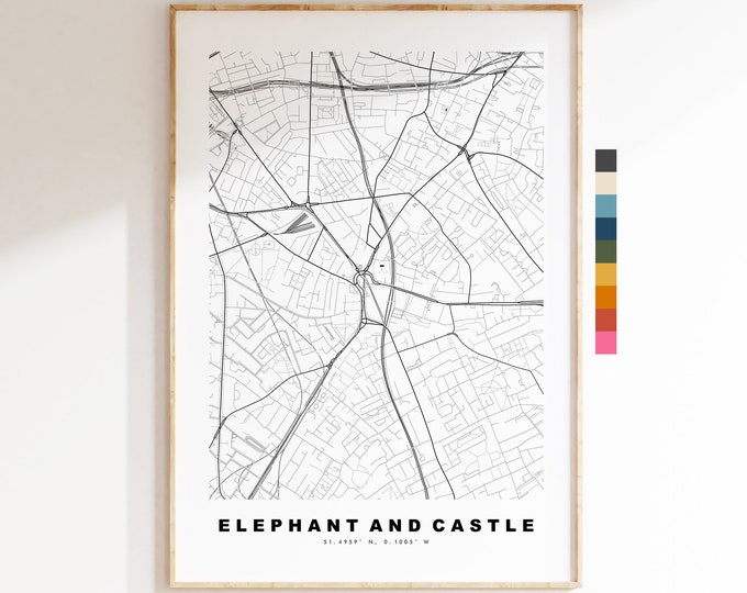 Elephant and Castle Map Print - Minimalist City Map Poster - Map Art - London, UK - Elephant & Castle - Poster - Different Colours Available