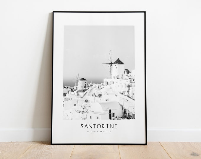 Santorini Poster Print - Black and White Minimalist City Print - Coordinates - Santorini Poster - Santorini Art Print - Oia Santorini