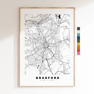 Impresión de mapa de Bradford - Póster de mapa de ciudad minimalista - Arte de pared con mapas - Reino Unido - Impresión de Bradford - Póster de Bradford - Diferentes colores disponibles
