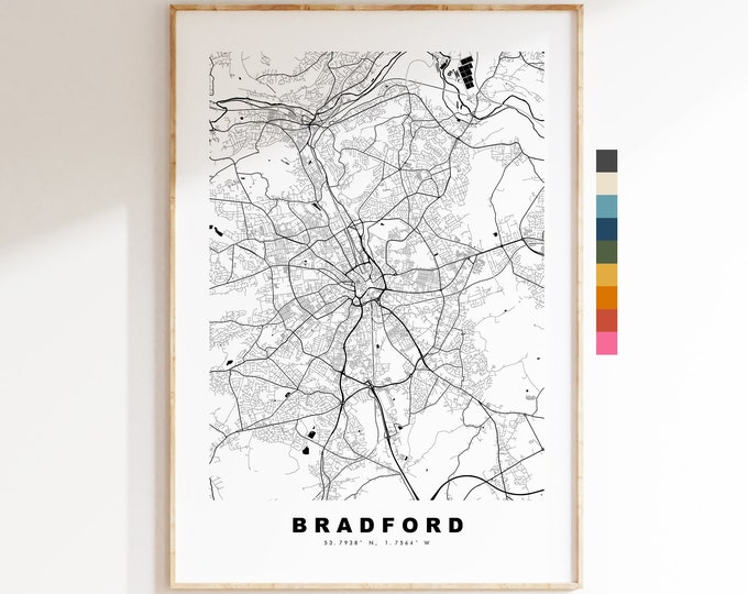 Bradford Map Print - Minimalist City Map Poster - Map Wall Art - UK - Bradford Print - Bradford Poster - Different Colours Available