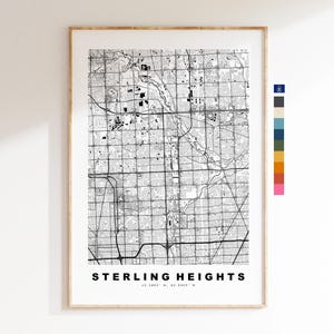 Sterling Heights Carte de la ville Imprimer - impression de carte - art de la carte - estampes ou impressions encadrées  - États-Unis