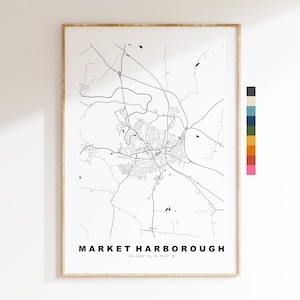 Impresión de mapa de Market Harborough - Póster de mapa de ciudad minimalista - Arte de mapas - Reino Unido - Impresión de Market Harborough - Póster - Diferentes colores disponibles