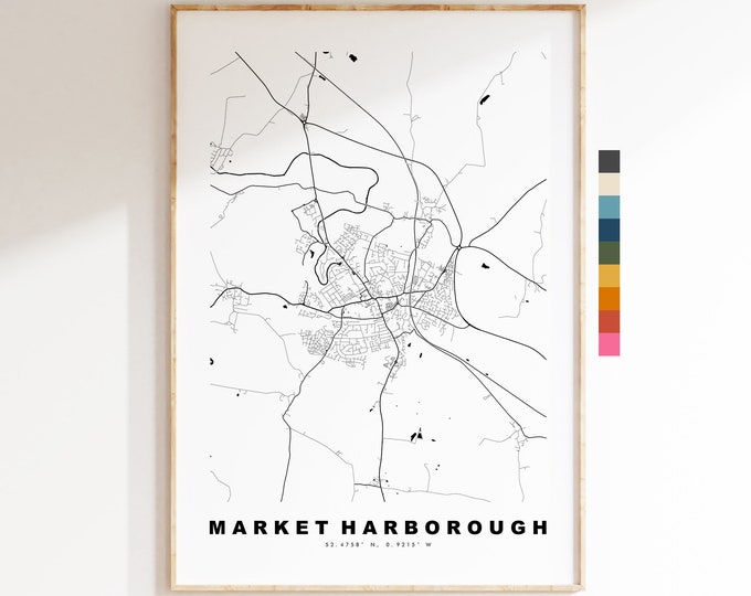 Market Harborough Map Print - Minimalist City Map Poster - Map Art - UK - Market Harborough Print - Poster - Different Colours Available