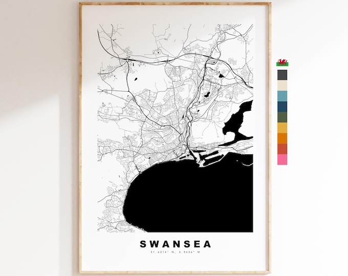 Swansea Map Print - Minimalist City Map Poster - Map Art - Wales - Swansea Print - Swansea Poster - Different Colours Available