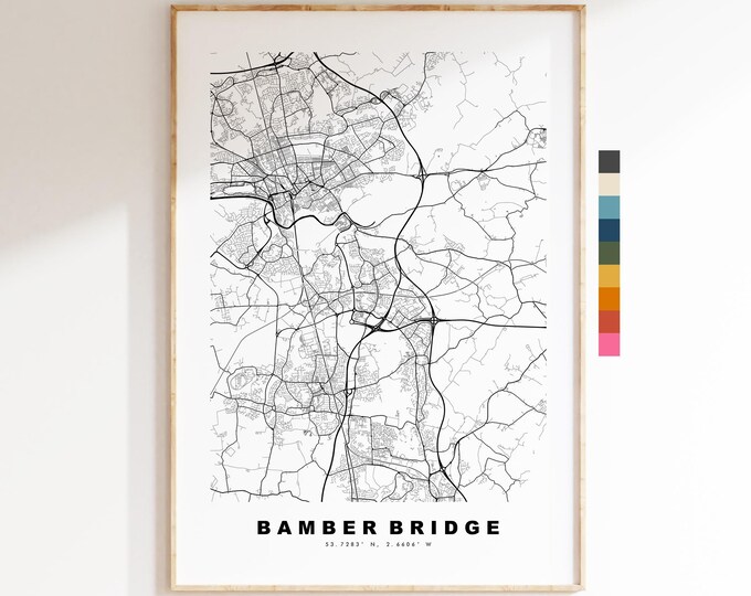 Bamber Bridge Map Print - Minimalist City Map Poster - Map Art - UK - Bamber Bridge Print - Lancashire - Different Colours Available