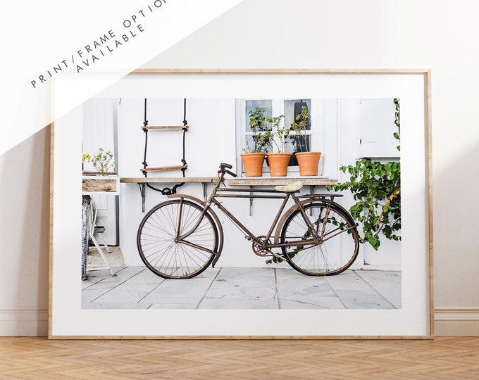 Bike Photography Print - Greece - Print - Poster - Santorini Photography - Greece Wall Art - Rustic Bike - Landscape - Bike Wall Art