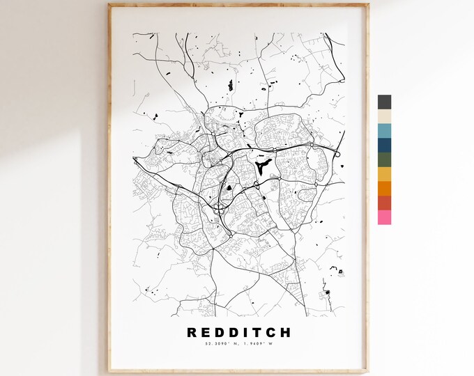 Redditch Map Print - Minimalist City Map Poster - Map Art - UK - Redditch Print - Redditch Poster - Different Colours Available