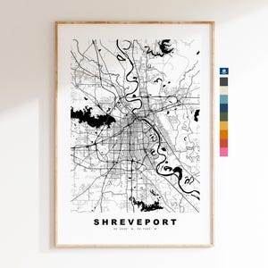 Shreveport Carte de la ville Imprimer - impression de carte - art de la carte - estampes ou impressions encadrées - minimaliste - États-Unis