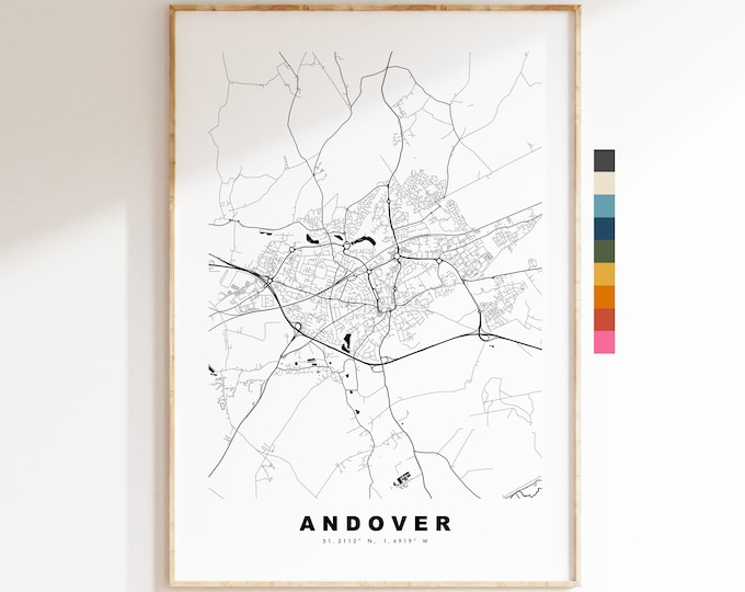 Andover Map Print - Minimalist City Map Poster - Map Art - UK - Andover Print - Andover Poster - Different Colours Available