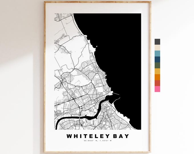Whiteley Bay Map Print - Minimalist City Map Poster - Map Art - UK - Whiteley Bay Print - Tyne and Wear - Different Colours Available