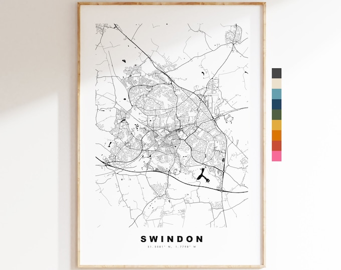 Swindon Map Print - Minimalist City Map Poster - Map Art - UK - Swindon Print - Swindon Poster - Different Colours Available
