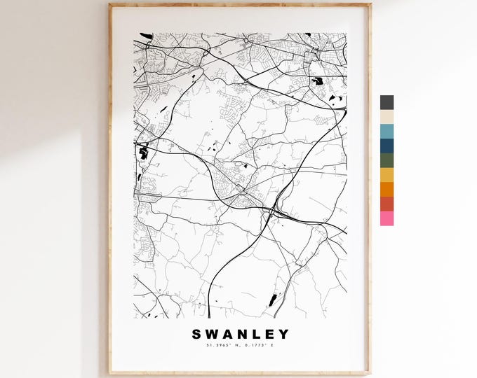 Swanley Map Print - Minimalist City Map Poster - Map Art - UK - Swanley Print - Swanley, Kent - Different Colours Available